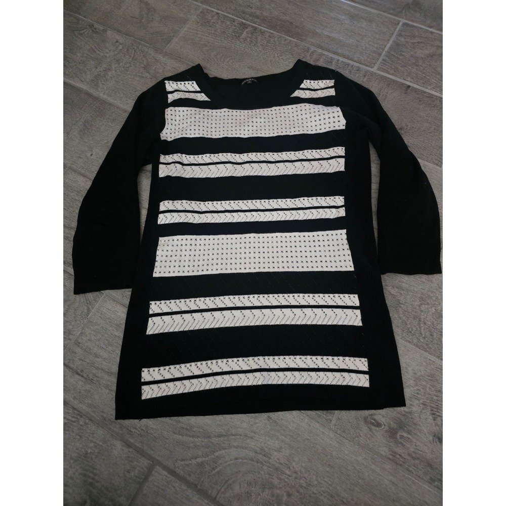 Hannah Women Black White Striped Pointelle Tunic Sweater 3/4 Sleeve Scoop Neck M